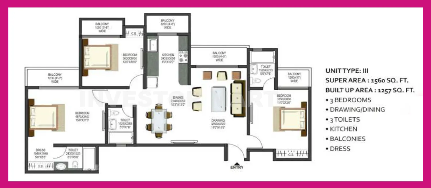 3Bhk + Dress + 3T